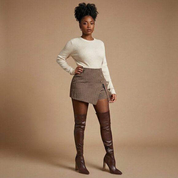 Maillard Brown Houndstooth High-Waist Wrap Mini Skirt | Asymmetrical Button - Picture 1 of 9